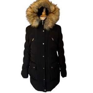 Jones New York Black Down Puffer jacket faux fur hood  & gold details Size L